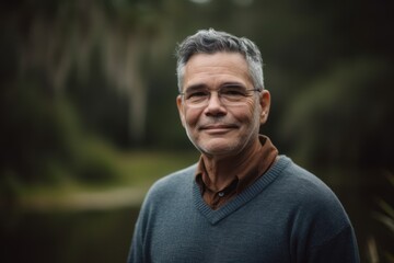 Portrait of a smiling senior man standing by the lake in the forest