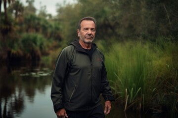 Handsome middle-aged man standing near the river in a raincoat.