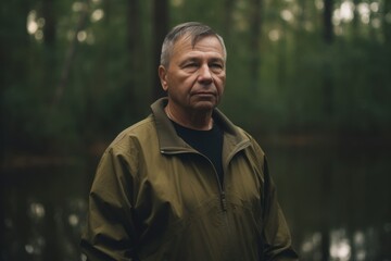 Naklejka premium Portrait of a man in a raincoat in the forest.