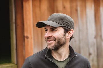 Portrait of a smiling man wearing baseball cap standing in front of wooden wall
