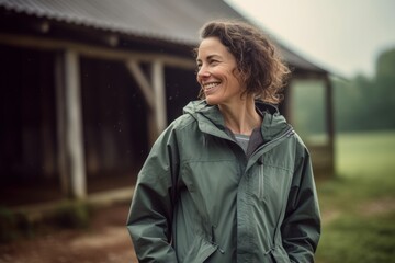 Full-length portrait photography of a cheerful woman in her 40s wearing a lightweight windbreaker against a rustic barn or farm background. Generative AI