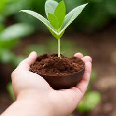 Hand holding plant for growing nature