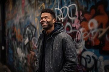 Obraz na płótnie Canvas Portrait of a handsome african american man smiling against graffiti wall