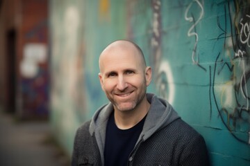 Portrait of a handsome bald man in an urban context, wearing a gray jacket