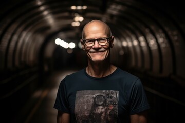 Fototapeta na wymiar Group portrait photography of a cheerful man in his 40s wearing a fun graphic tee against a tunnel or underground passage background. Generative AI