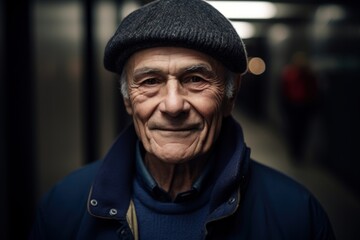 Portrait of an elderly man in the city. Selective focus.