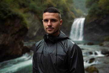 Handsome young man in black jacket standing in front of waterfall