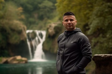 Portrait of a handsome young man in sportswear standing in front of waterfall
