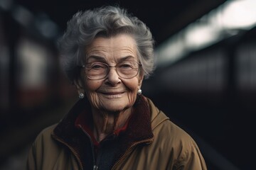 Portrait of smiling senior woman with eyeglasses at railway station