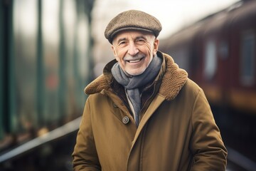 Portrait of smiling senior man standing on platform of railway station.