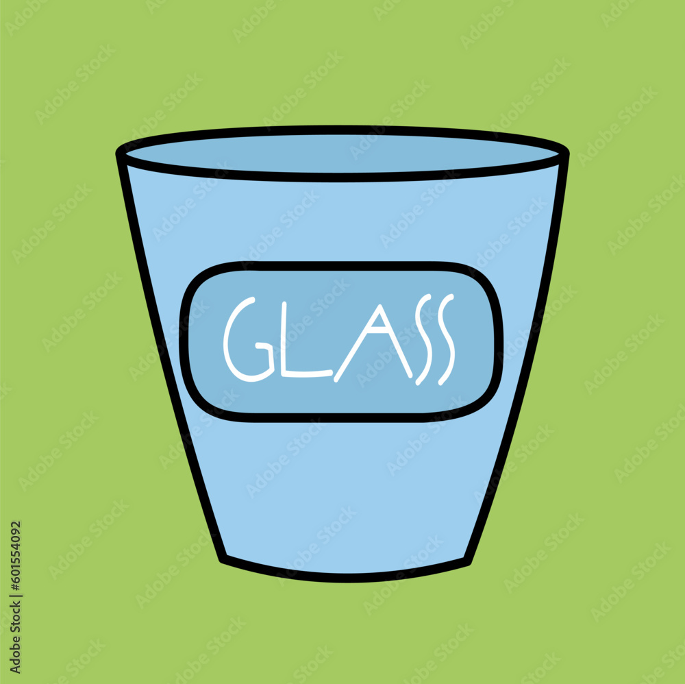 Poster eco friendly trashcan. blue container for sorting garbage and glass. recycling and reuse of material
