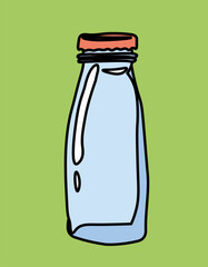 Eco friendly bottle. Glass package for liquid and water. Purity and freshness. Caring for planet and environment. Sticker for social networks and messengers. Cartoon flat vector illustration