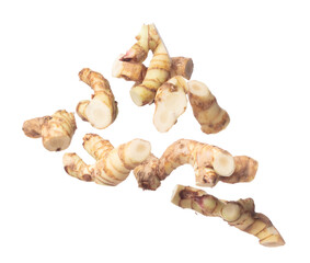 Galangal fly in mid air, fresh vegetable spice galangal falling. Organic fresh herbal galangal root head cut chop slice, close up texture. White background isolated freeze motion high speed shutter