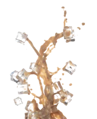  Milk Tea fall ice cube cool pouring down in Shape form line. Milk Ice coffee splash into drop dropet, chocolate cocoa attack fluttering explosion in air. White background isolated, stop motion freeze © Jade