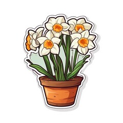 Cartoon sticker of a narcissus potted plant over white background. Generative AI illustration