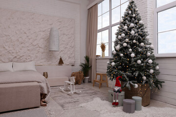 Bedroom interior with Christmas tree and festive decor
