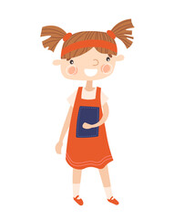 Schoolgirl in red dress concept. Beautiful little girl standing with book or textbook in her hands. Education and training at school or college, student. Cartoon flat vector illustration