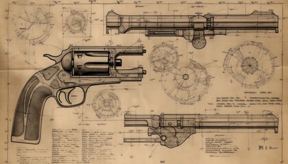 A revolver blueprint, scheme, wild west pistol ai, ai generative, illustration - obrazy, fototapety, plakaty
