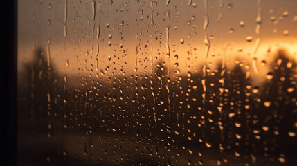 Naklejka na ściany i meble Raindrops falling down the window glass. Raindrops in a sunset. Rain on the glass. Images generated by AI.