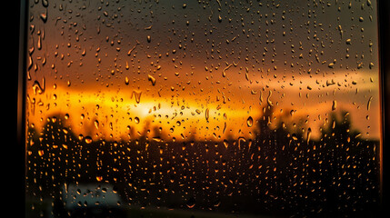 Raindrops falling down the window glass. Raindrops in a sunset. Rain on the glass. Images generated by AI.