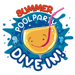 Summer pool party invitation design with smiling bowl 