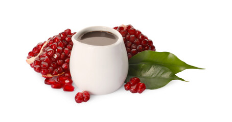 Tasty pomegranate sauce and fresh ripe fruit on white background