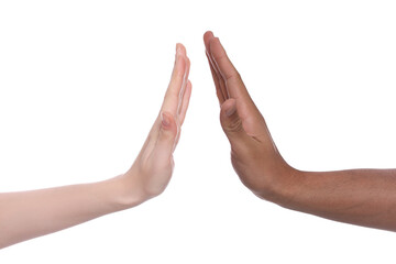 International relationships. People giving high five on white background, closeup