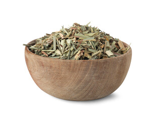 Wooden bowl of aromatic dried lemongrass isolated on white