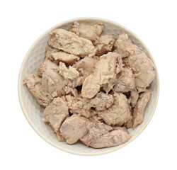 Bowl of tasty cod liver on white background, top view
