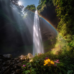 Waterfall in deep jungle with beautiful light, sun rays, and colorful flower foreground.Movement of water flow from slow shutter speed.Rainbow and blue sky background.Generative AI illustration.