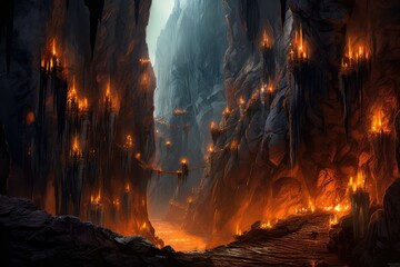 The cave was shrouded in darkness, with only the flickering light of torches illuminating the rocky walls. Generative AI