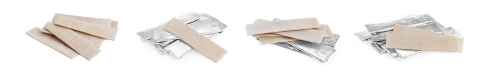 Collage with sticks of chewing gum on white background
