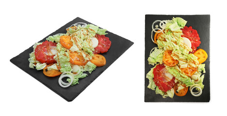Slate plate of delicious salad with Chinese cabbage, tomatoes and onion on white background, top and side views