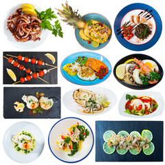 Set of various seafood dishes with squid and cuttlefish isolated on white background
