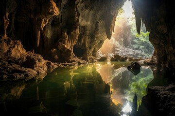 Underground river flowed through the cave, carving out intricate channels and pools that glimmered in the dim light. Generative AI
