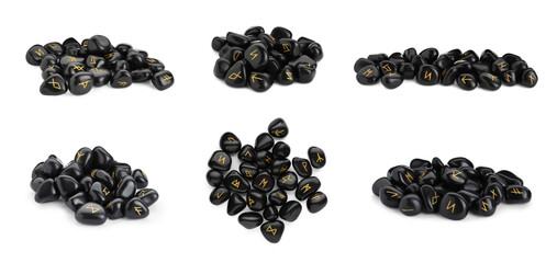 Collage with set of black stone runes on white background. Divination tool