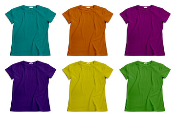 Set of bright stylish t-shirts on white background, top view