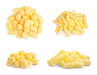 Piles with tasty corn sticks on white background, collage design