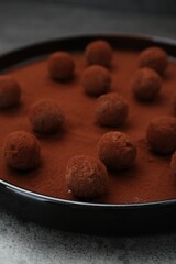 Delicious chocolate candies powdered with cocoa on grey table, closeup