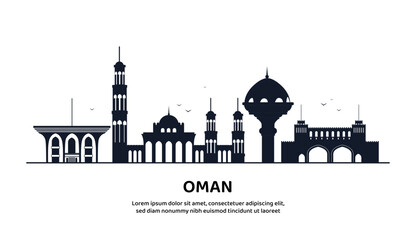 Oman line skyline concept. Traditional oriental architecture. Design element for invitation and greeting postcard. Silhouettes of buildings with spiers and domes. Cartoon flat vector illustration