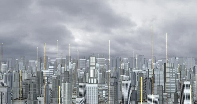 Crowded Futuristic City With Glowing Wireless High Speed Internet. Technology Related 3D Animation.