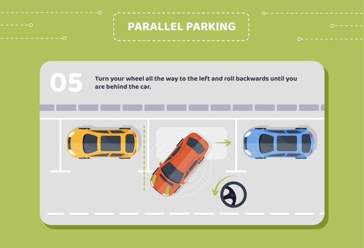Parallel parking stage 5. Turn your wheel all way to left and roll backwards until you will behind car. Infographics, education, learning and training. Cartoon flat vector illustration