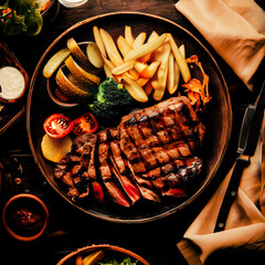 Full Course of Grilled Steak with Potatoes, Vegetables, and Sauce made with Generative AI Technology