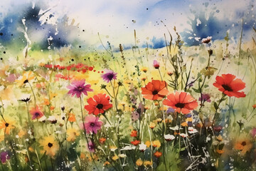 Obraz premium Vibrant Watercolor Field of Spring Flowers, Watercolor field of spring flowers,Generative AI
