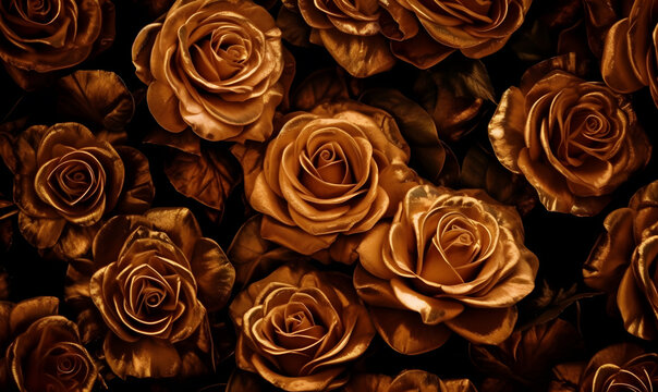 Metallic golden velvet roses  floral abstract fantasy design luxury background created with Generative AI technology