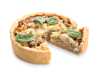 Mushroom pie with spinach leaves on white  background