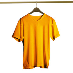 A high resolution Luxurious V Neck T Shirt on Hanger Mockup in Flame Orange Color, to help you present your design ideas more valuable and beautifully..