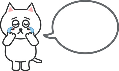 White cartoon cat crying and talking something with a speech bubble, vector illustration.