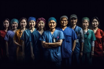 Portrait Of Multi-Cultural Medical Team Standing In Hospital Corridor, Generative AI Technology