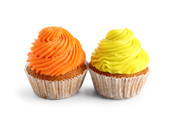 Tasty colorful cupcakes on white background